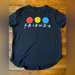 FRIENDS Black Short Sleeve Tee with Red Yellow Blue Umbrella Graphics